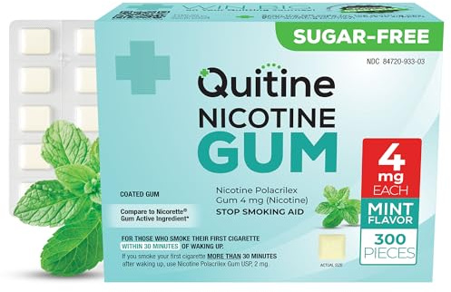 Quitine Nicotine Gum 4mg, Mint Flavor, Stop Smoking Aid – Affordable NRT to Relieve Cravings | Quick-Burst Flavor that Fades Within 1 Minute, 300 Count, Classic Gum to Support Your Quit Journey