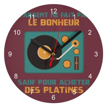 Orologio da parete in vetro – giradischi in vinile DJ – argento non fa la felicità musicale, diametro 20 cm, rosso