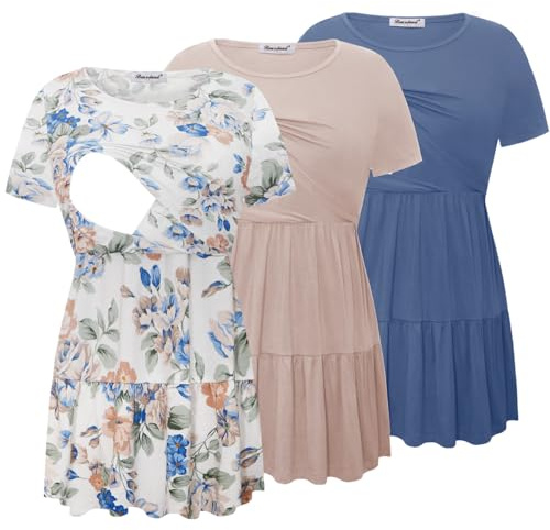 Bearsland Women’s Nursing Top 3pack Short Sleeve Scoop Neck Nursing Shirt Breastfeeding Shirts, Haze Blue & Light Apricot & Blue Roses, M