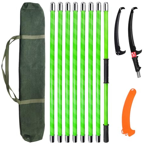 Astsäge mit Teleskopstiel, 8m Handsäge Höhenverstellbar Manueller Trimmer, Handstielsäge mit Tragetasche und 2 Sägeblätter, Teleskop-Baumsägen für hohe Äste (8M)