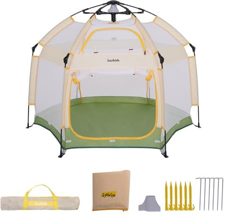 Jovikids Faltbarer Laufstall Baby mit Baldachin, Pop-up Zelt Kinder Outdoor, Großer 6 Eckig Playpen mit Tragetasche für Haus, Garten, Strand, 150x150x105cm
