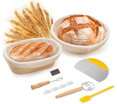 CODOGOY Gärkörb Set, 2er Set Gärkörbchen 100% Natürlichem Rattan, Hochwertiges Brotbackzubehör, Brot Backen Zubehör für Professionelle und Häusliche Bäcker(23cm Rundes & 25cm Oval)
