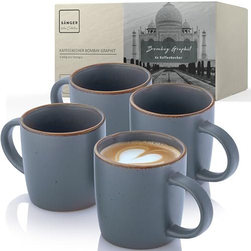 SÄNGER Bombay Graphit | Kaffeebecher 4 teilig, Steingut Tassen Set für 4 Personen, Tassen, spülmaschinen- mikrowellenfest, Coffee Mug Teetasse, Kaffeetassen grau 360 ml | VALUE COLLECTION
