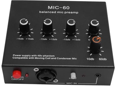 Dynamisches Mikrofon Booster, Mikrofonvorverstärker +60 DB Verstärkung, 48 V Leistung, 3,5 Mm 6,35 Mm XLR Eingangsausgang, Kompatibel mit SM7B, 55sh für Dynamisches MIC