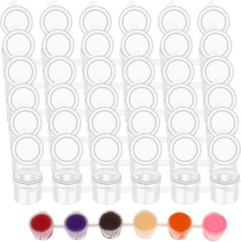 hioseyre 36Pcs Paint Pots with Lids, Portable Transparent Paint for Plastic Plant's Pots, 3ml Mini Paint's Storage Containers for School Classrooms or Art Painting on The Go (6 Strips, 6Pcs Each)