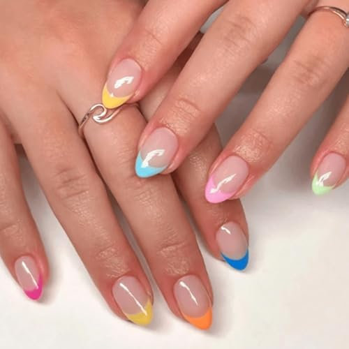 Ceboic 24 Stück Nägel Zum Aufkleben Mandel, Mittel Lang Falsche Nägel, Bunte Macarons French Press on Nails, Frühling Sommer Acryl Künstliche Fingernägel zum Aufkleben für Frauen & Mädchen Nail Art