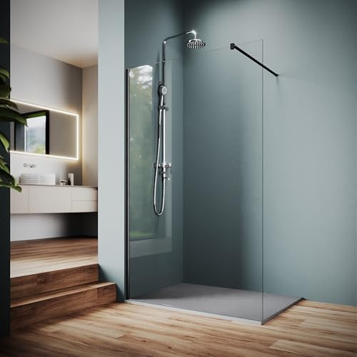 SUNXURY Walk In Dusche 120x200cm Walk In Duschtrennwand mit Grau SMC Duschwanne Schwarzer Rahmen Duschcabine Duschabtrennung aus 10mm NANO Glas mit Stabilisierungsstange