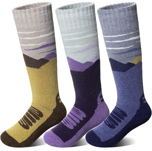 SeeyAN Kids Merino Wool Ski Socks Boys Girls Thermal Warm Boot Thick Winter 3 Pairs Cozy Socks For Skiing & Snowboarding (Purple/Blue/Brown, 4-7 Years)