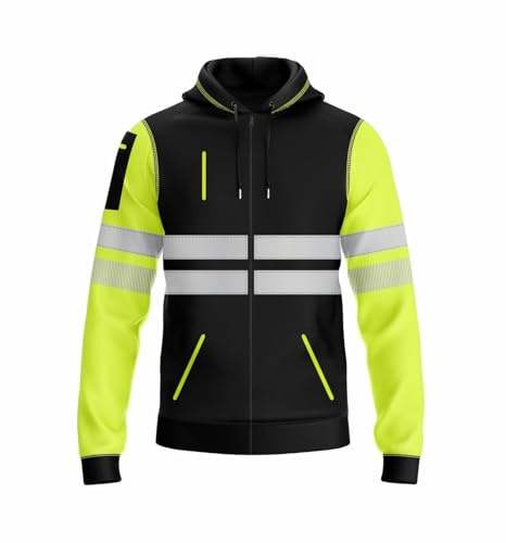 kraftd Mens Hi Vis Hoodie Reflective Tape Full Zip High Visibility Sweatshirt Safety Work High Viz Hoodies With Pockets Workwear