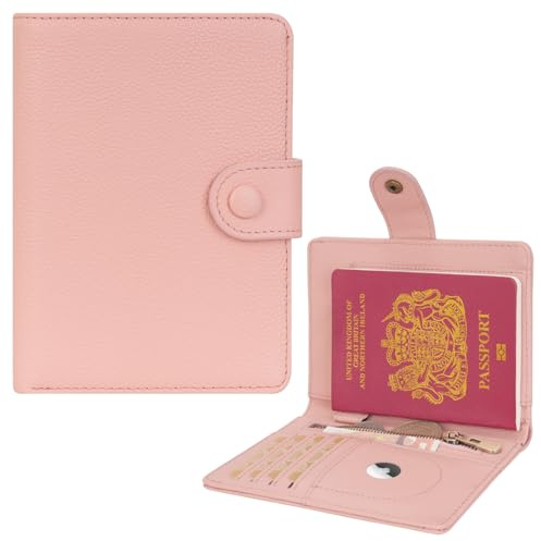 WASON Porta Passaporto in Vera Pelle con RFID, Portafoglio da Viaggio, Scomparti Carte, Tasca Contanti, Portamonete, Slot Tracker, Organizzatore Biglietti Aerei per Uomo e Donna(Roze)