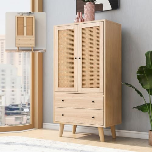 Hennhari Commode de Rangement en rotin avec 2 tiroirs, Buffet avec Portes en Bois, pour Salon, entrée et Chambre, Grand Espace de Rangement, Largeur 60 cm (chêne)