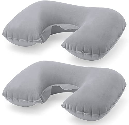 eBuyGB Pack of 2 Inflatable Neck Pillow for Travel, Blow Up Compact Portable Head & Neck Support Cushion - Airplane, Car, Train (Grey)