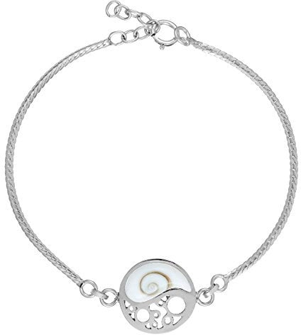 81stgeneration Yin-Yang-Armband aus 925er Sterlingsilber mit Shiva-Augenmuschel | Runder Muschelanhänger im Filigranstil an einer Fischgrätenkette | Spirituelles Zen-Schmuckgeschenk für Frauen