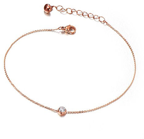 Kim Johanson Bracelet de cheville pour femme en acier inoxydable plaqué or rose avec zircones serti d'un fermoir mousqueton et d'une pochette à bijoux incluse