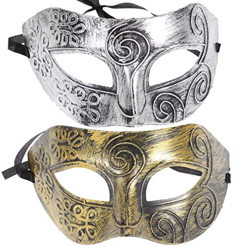 Amosfun Cache - Visage Demi - Visage Romain Luxueux Pour Hommes - Ensemble De 2 Cache - En Bronze Et Argent Imitation Pour Halloween, Bals Masqués Et Fêtes À Thème