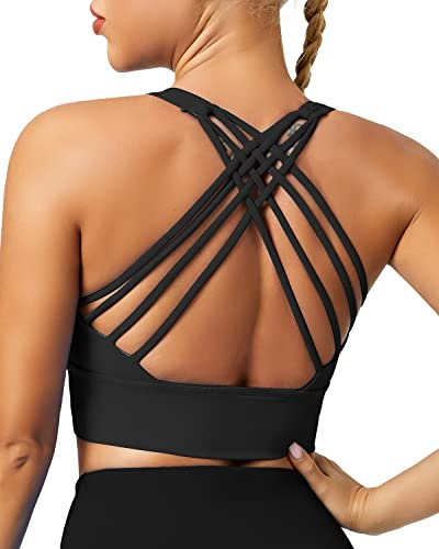 QUEENIEKE Sport BH Damen Ohne Bügel Gepolstert Mittlerer Stark Halt Yoga Bra Gekreuzt Rücken Bustier Sport Top Fitness Lauf Joggen Free to Be Bra Farbe Schwarz B Größe L