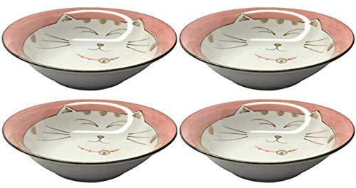 JapanBargain 2478, cuenco de porcelana japonesa para sopa, cuenco de cereales, ensaladera de color rosa, Maneki Neko, patrón de gato de la suerte, hecho en Japón, 6-1/2 pulgadas, paquete de 4