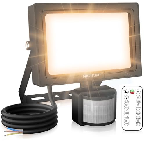 MEIKEE 25W LED Strahler mit Bewegungsmelder Fernbedienung 2700K Warmweiß 250-2100 LM Außenstrahler LED Fluter IP66 Wasserdicht Scheinwerfer Außenleuchte Wandleuchte für Garten Garage Sportplatz