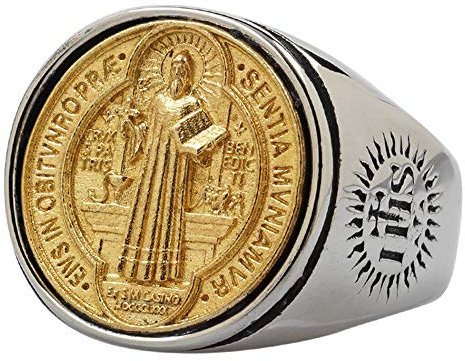 ForFox Kupfer und Titan Edelstahl Heiliger Benedikt Medaille Ring mit Kreuz Exorzismus Ring Siegelring Katholischer Schmuck für Herren Damen Größe 59