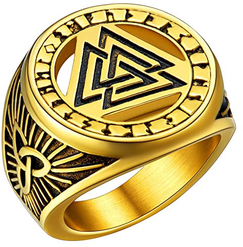 FaithHeart goldener Nordischer Valknut Fingerring im Runenkreis Wikinger Siegelring in Ringgröße 56.9mm Viking Siegelring für Herren Damen Männer