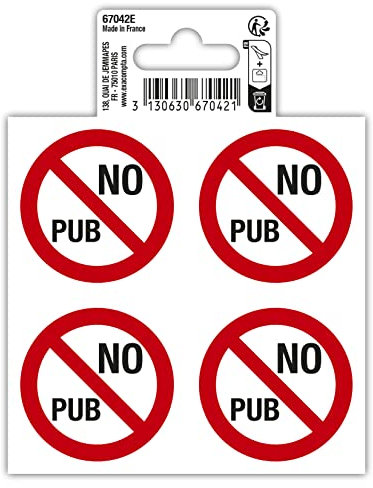 Exacompta - Réf. 67042E - 1 pictogramme adhésif No pub (x4 sur une planche) pour boîte aux lettres Pas de pub - Stop pub - En vinyle PVC traité - Dimensions : 10 x 10 cm