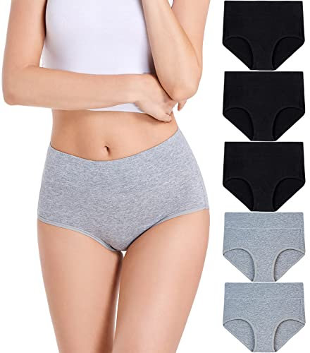 HAVVIS Unterhosen Damen Stretch Baumwolle Hohe Taille Slips Weich Atmungsaktiv Bequeme Unterwäsche Mehrpack (XS, C02-5er Pack - 3schwarz, 2Grau)