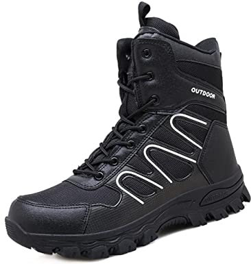 IYVW A07 Schwarze Mittelhohe Vollleder Combat Boots Einsatzstiefel Kampfstiefel mit Reißverschluss Schwarz 45EU