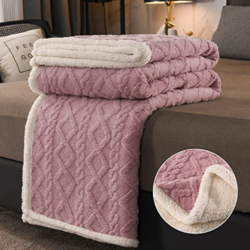 OLDBIAO Kuscheldecke 200 x 230 cm Flauschig Dick Decke Lila Weiß Strickdecke Couchdecke Sofadecke Doppelgesicht Extra Weich und Warm Wohndecke für Winter Wohnzimmer Schlafzimmer
