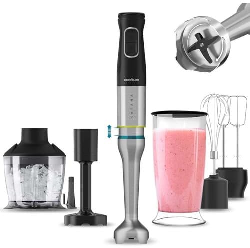 Cecotec Stabmixer Katana TotalDestroy 1500XL PerfectCream&Crush. 1500 W, 21 Geschwindigkeiten und Turbo, 4 Klingen mit schwarzem Titan, Spritzschutzhaube, extra langer Fuß, Zubehörset.