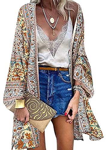 Yutdeng Kimono Cardigan Donna Vintage Bohémien Manica Lunga Sciolto Estivo Casual Cover Up Bikini Stampa Floreale Leggero Copricostume Abito da Spiaggia Beachwear Beige XL