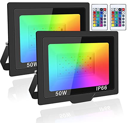 PICAA RGB LED Strahler Außen, 50W Fluter Mit Fernbedienung LED Strahler Außenstrahler IP66 Wasserdicht, 5000LM Außen Strahler Flutlicht für Innen Garten Hinterhof Party(2 Stück)