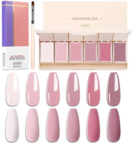 RoseFlower 6 Color Pudding Gel Nail Polish Palette with Nail Brush, Pink Solid Gel Polish UV Manicure Nail Art Kit Soak Off Portable Gift for Mom/Girls/Friend DIY Home