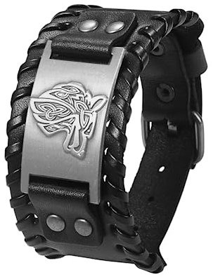 Cupimatch Herren Armband Retro Breites Metall Wikinger Armband Herren PU Leder Armband Punk Style Armbänder Breiter Gürtel Manschette Armreif Rock Wrap Bracelets für Männer Junge