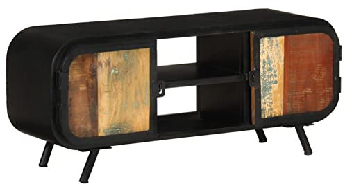 Homgoday Mueble para TV, 110 x 30 x 45 cm, de madera maciza recuperada, mueble para TV, mueble bajo para TV, mesa de salón, soporte de TV para salón, marrón y verde