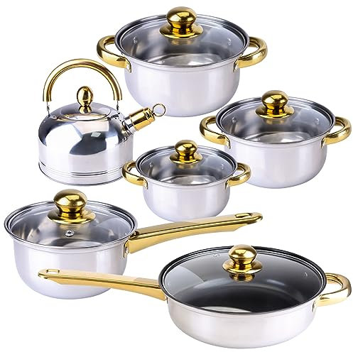 Uposao 12Pcs/Set Batterie De Cuisine en Acier Inoxydable pour Induction, Gaz Et Four Bouilloire Ensemble De Casseroles Et Poêles De Cuisine avec Couvercles en Verre Lave-Vaisselle