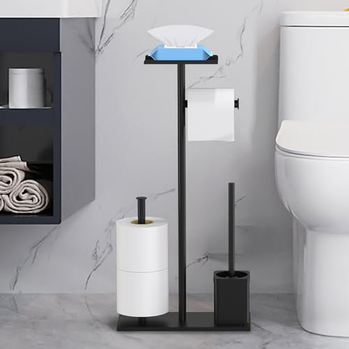 UUlioyer Toilet Paper Holder with Toilet Brush, Toilet Roll Holder Free Standing, Toilet Paper Storage with Shelf, Black