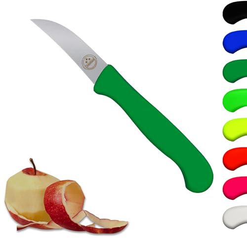 Schälmesser Solingen Grün scharf, gebogen 6 cm, Kartoffel, Apfel, rostfreie Klinge, Chrom-Stahl, Küchenmesser, Dünnschliff, Handabzug, Made in Germany
