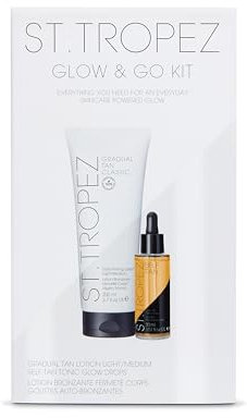 St. Tropez Self Tan Glow and Go Kit, Gradual Tan Moisturizing Lotion 200ml, Face Tanning Tonic Glow Drops 30ml, Vegan, Fake Tan Beauty Kit