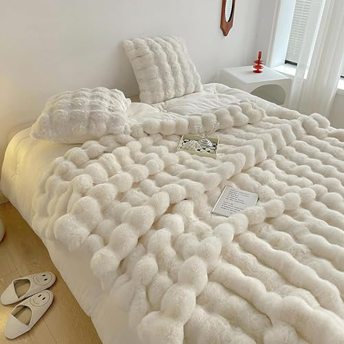 Fouriding Faux Kaninchen Pelz Blase decken für Bett und Sofa Casual decke (Beige, 160×200CM Set)