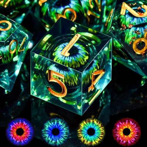 SIQUK 7 Stück DND Würfel Set Würfel Drachenauge Harz Spielwürfel Liquid Core Würfel Polyedrische Würfel Set mit Geschenkbox für Dungeons and Dragons RPG MTG (Blau & Golden)