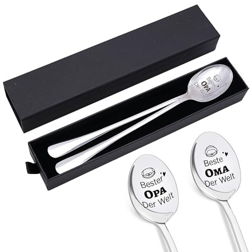 2 Piezas Cucharillas de Café Personalizada con Caja de Regalo, 19cm Cuchara de Mango Largo de Acero Inoxidable Grabada con Beste OPA OMA, Regalos de Pascua y Aniversario para los Abuelos