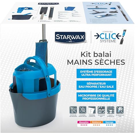 STARWAX - Kit Balai Mains Sèches - Nettoie Les Sols - Sans Efforts - Seau + Microfibres + Balai - Conception Française