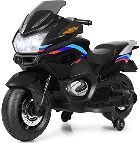 COSTWAY Kids Ride on Motorcycle, 12V Electric Ride On Bike with Training Wheels, LED Lights, Music, Forward/Backward Function, Battery Powered Motorbike for Boys Girls (Black)