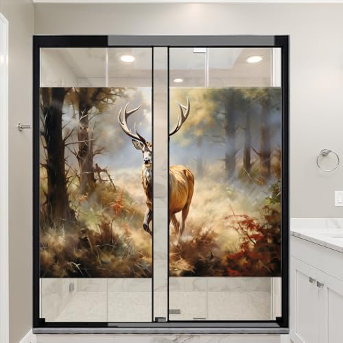 Moderne Hirsch-Fensterfolie, hitzeblockierend, Natur, Tiere, rustikale Pflanzen, Landschaft, Privatsphäre, Fensterdekoration, Glastürabdeckung, nicht klebende Fensterfolie für Badezimmer, Küche, 45 x
