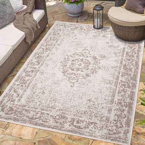carpet city Outdoor Teppich Wetterfest 160x230 cm - Creme-Beige - Wendeteppich, Beidseitiges Ornamenten Muster - Balkonteppich Wasserfest Outdoor - Terrassenteppich