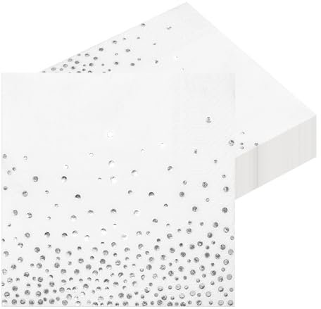 Servietten, 50 Stück Silber Goldfolie Party Servietten Weiß 3-lagig Papier Servierten, Cocktail Serviette 33 x 33cm Papierservietten