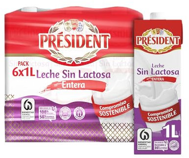 Leche Président Sin Lactosa entera brik 1L - Pack de 6 litros
