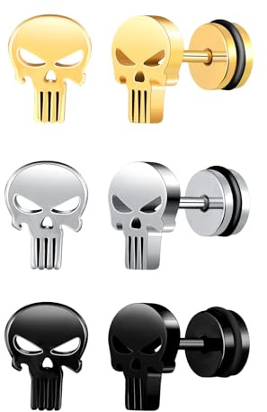 Yumilok 3 Paar Totenkopf Piercing Ohr Damen Herren Ohrringe Set Schädel Ohrstecker Edelstahl Ohrringe Ohrstecker Herren MännerOhrringe Ohr Tunnel Ohrringe Piercing