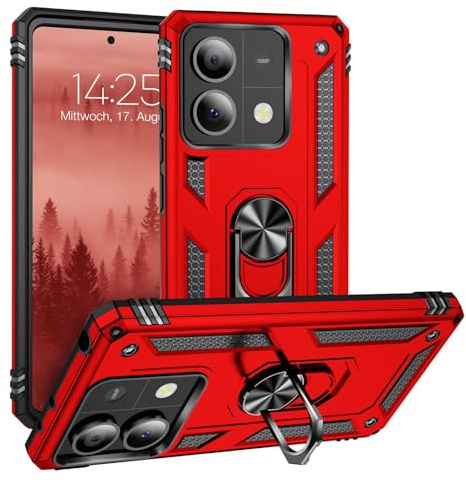 LBH Outdoor Hülle für Xiaomi Redmi Note 13 5G Armor Militär Stoßfest Handyhülle 360 Grad Metal Ring Halter Ständer Schutzhülle für Handyhalterung Auto Magnet Rot