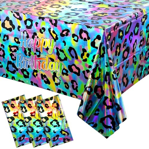 Geburtstagstischdecke mit Geparden-Druck, schillerndes Neon-Regenbogen-Leopardenmuster, Geburtstagsparty-Dekorationen, Kunststoff, rechteckig, Safari-Leopardenmuster, Tischdecke für Geburtstagsparty,
